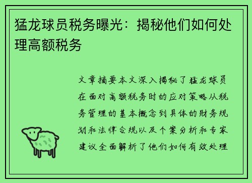 猛龙球员税务曝光：揭秘他们如何处理高额税务